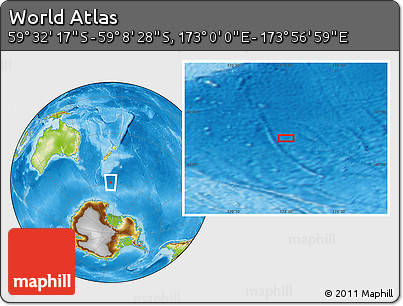 Physical Location Map of the Area around 59° 20' 22" S, 173° 28' 29" E