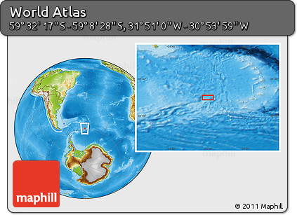Physical Location Map of the Area around 59° 20' 22" S, 31° 22' 30" W
