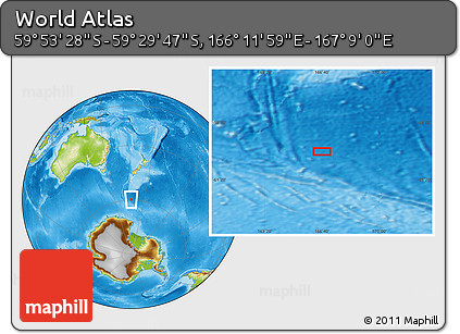Physical Location Map of the Area around 59° 41' 37" S, 166° 40' 30" E