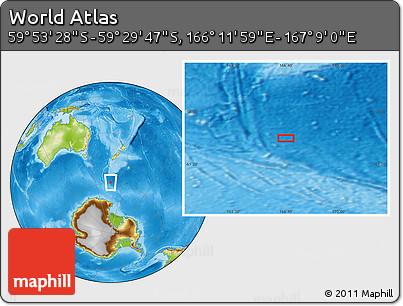 Physical Location Map of the Area around 59° 41' 37" S, 166° 40' 30" E