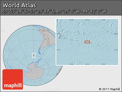 Gray Location Map of the Area around 59° 41' 37" S, 89° 10' 30" W, hill shading