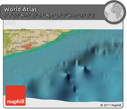 Satellite 3D Map of the Area around 5° 25' 24" N, 0° 4' 30" E