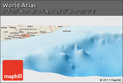 Shaded Relief Panoramic Map of the Area around 5° 25' 24" N, 0° 4' 30" E
