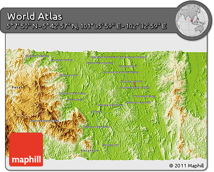 Physical 3D Map of the Area around 5° 25' 24" N, 102° 4' 29" E