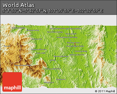 Physical 3D Map of the Area around 5° 25' 24" N, 102° 4' 29" E