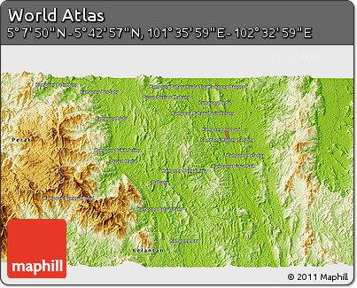 Physical 3D Map of the Area around 5° 25' 24" N, 102° 4' 29" E