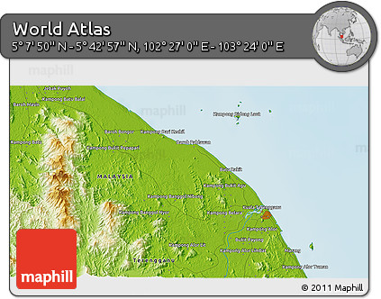 Physical 3D Map of the Area around 5° 25' 24" N, 102° 55' 30" E