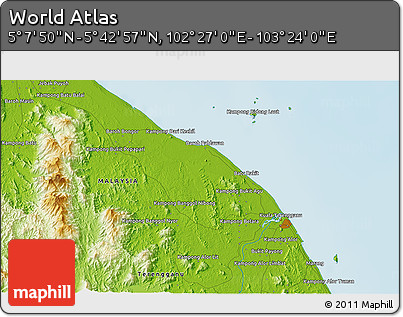 Physical 3D Map of the Area around 5° 25' 24" N, 102° 55' 30" E