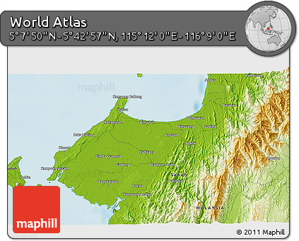 Physical 3D Map of the Area around 5° 25' 24" N, 115° 40' 30" E