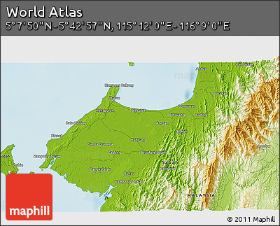 Physical 3D Map of the Area around 5° 25' 24" N, 115° 40' 30" E