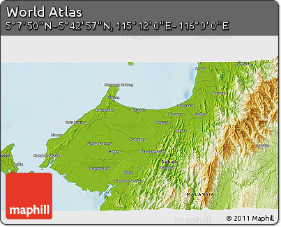 Physical 3D Map of the Area around 5° 25' 24" N, 115° 40' 30" E