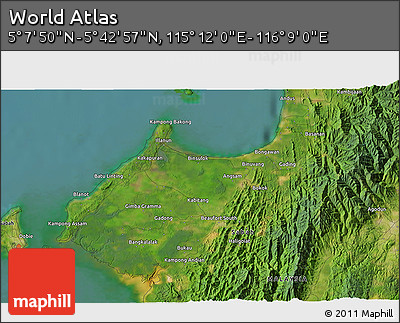 Satellite 3D Map of the Area around 5° 25' 24" N, 115° 40' 30" E
