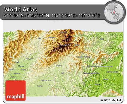 Physical 3D Map of the Area around 5° 25' 24" N, 116° 31' 30" E