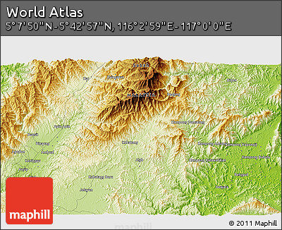 Physical 3D Map of the Area around 5° 25' 24" N, 116° 31' 30" E