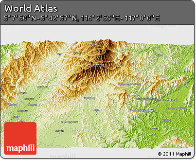 Physical 3D Map of the Area around 5° 25' 24" N, 116° 31' 30" E