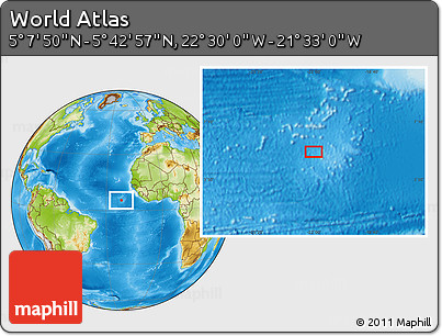 Physical Location Map of the Area around 5° 25' 24" N, 22° 1' 29" W