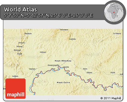 Physical 3D Map of the Area around 5° 25' 24" N, 25° 34' 30" E