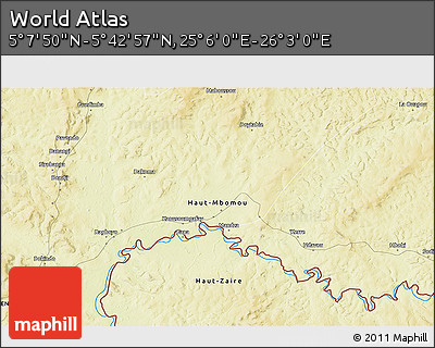 Physical 3D Map of the Area around 5° 25' 24" N, 25° 34' 30" E