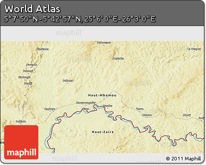 Physical 3D Map of the Area around 5° 25' 24" N, 25° 34' 30" E