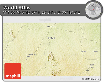 Physical 3D Map of the Area around 5° 25' 24" N, 29° 49' 30" E