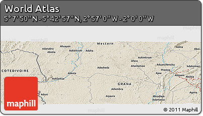Shaded Relief Panoramic Map of the Area around 5°&nbsp;25'&nbsp;24"&nbsp;N,&nbsp;2°&nbsp;28'&nbsp;30"&nbsp;W