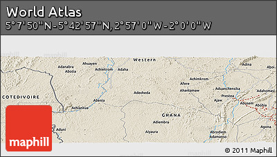 Shaded Relief Panoramic Map of the Area around 5°&nbsp;25'&nbsp;24"&nbsp;N,&nbsp;2°&nbsp;28'&nbsp;30"&nbsp;W