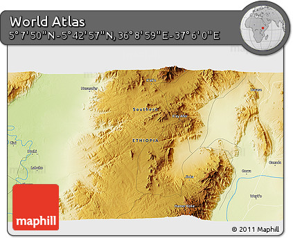 Physical 3D Map of the Area around 5° 25' 24" N, 36° 37' 30" E
