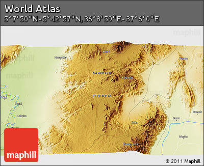 Physical 3D Map of the Area around 5° 25' 24" N, 36° 37' 30" E