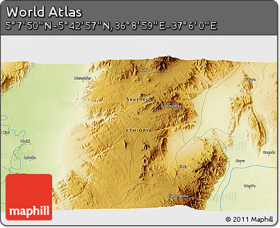 Physical 3D Map of the Area around 5° 25' 24" N, 36° 37' 30" E
