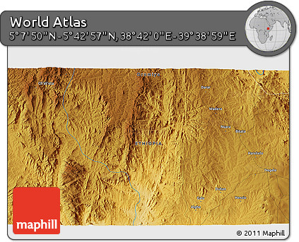 Physical 3D Map of the Area around 5° 25' 24" N, 39° 10' 29" E