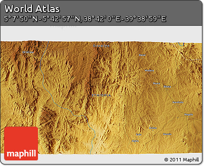 Physical 3D Map of the Area around 5° 25' 24" N, 39° 10' 29" E