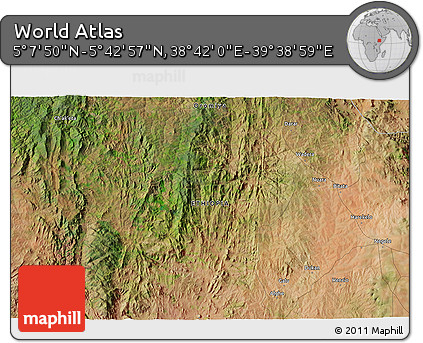 Satellite 3D Map of the Area around 5° 25' 24" N, 39° 10' 29" E