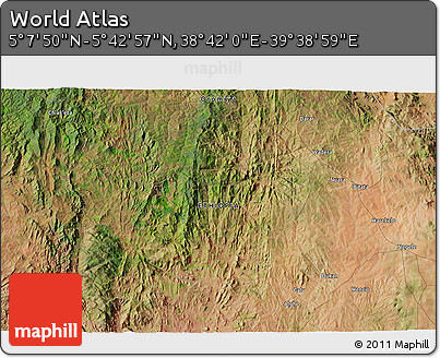Satellite 3D Map of the Area around 5° 25' 24" N, 39° 10' 29" E