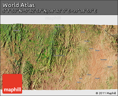 Satellite 3D Map of the Area around 5° 25' 24" N, 39° 10' 29" E