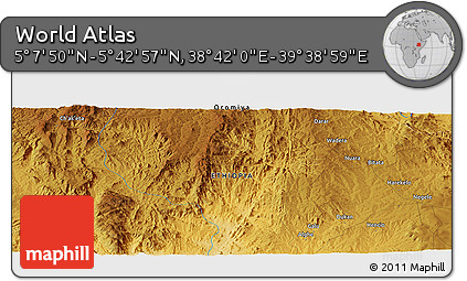 Physical Panoramic Map of the Area around 5° 25' 24" N, 39° 10' 29" E