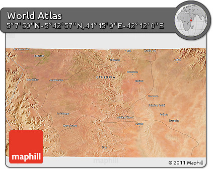 Satellite 3D Map of the Area around 5° 25' 24" N, 41° 43' 30" E