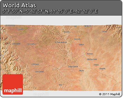 Satellite 3D Map of the Area around 5° 25' 24" N, 41° 43' 30" E