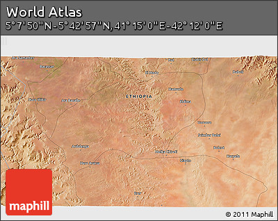 Satellite 3D Map of the Area around 5° 25' 24" N, 41° 43' 30" E