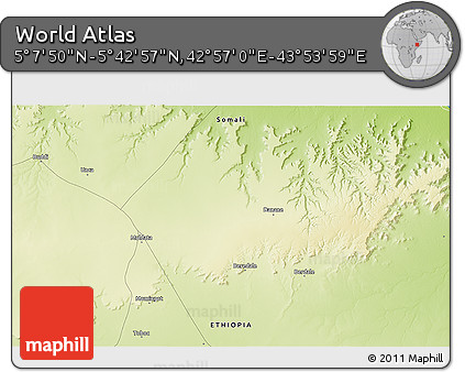 Physical 3D Map of the Area around 5° 25' 24" N, 43° 25' 29" E