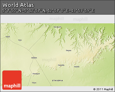 Physical 3D Map of the Area around 5° 25' 24" N, 43° 25' 29" E