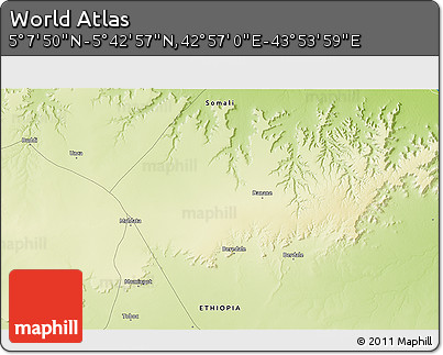 Physical 3D Map of the Area around 5° 25' 24" N, 43° 25' 29" E