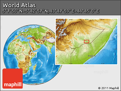 Physical Location Map of the Area around 5° 25' 24" N, 44° 16' 29" E