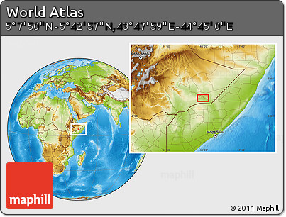 Physical Location Map of the Area around 5° 25' 24" N, 44° 16' 29" E