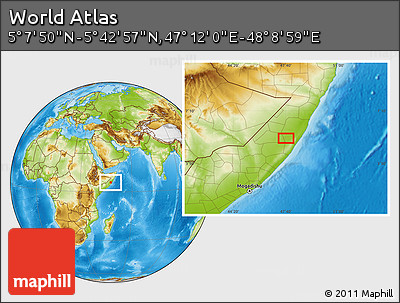 Physical Location Map of the Area around 5° 25' 24" N, 47° 40' 29" E