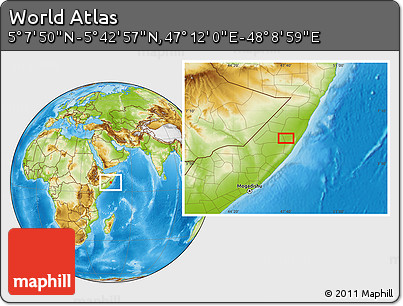 Physical Location Map of the Area around 5° 25' 24" N, 47° 40' 29" E
