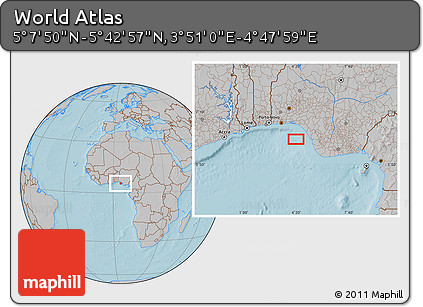 Gray Location Map of the Area around 5° 25' 24" N, 4° 19' 30" E, hill shading