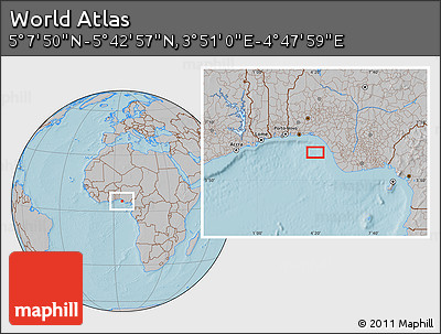 Gray Location Map of the Area around 5° 25' 24" N, 4° 19' 30" E, hill shading