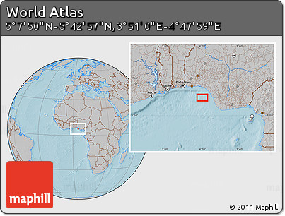 Gray Location Map of the Area around 5° 25' 24" N, 4° 19' 30" E, hill shading