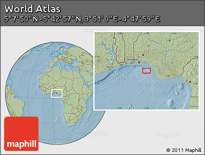 Savanna Style Location Map of the Area around 5° 25' 24" N, 4° 19' 30" E, hill shading