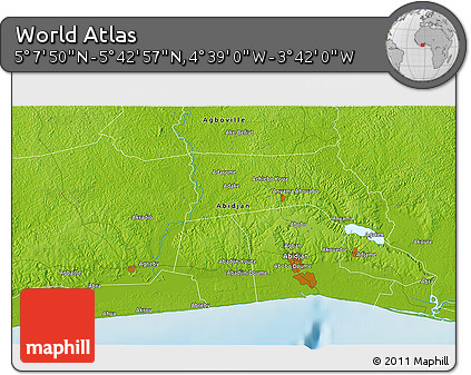 Physical 3D Map of the Area around 5° 25' 24" N, 4° 10' 30" W